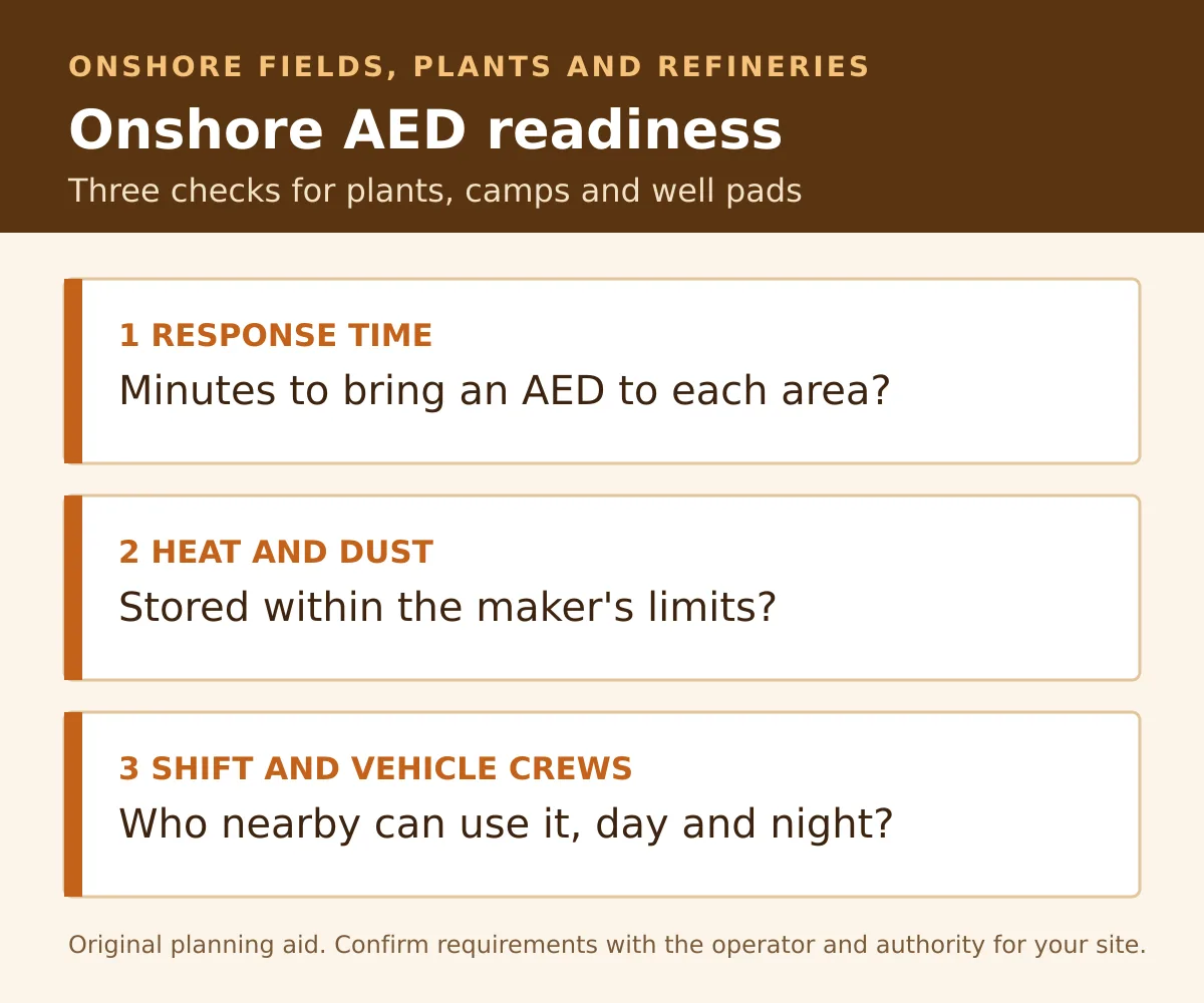Onshore AED readiness: minutes to bring an AED to each work area, storage within the maker’s heat limits, and who on each shift and vehicle crew can use it.
